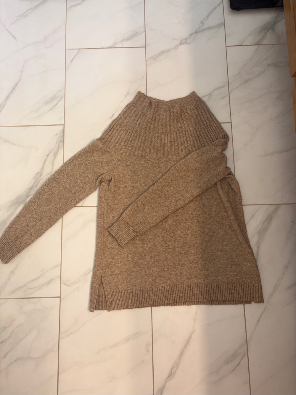 Anthropologie Camel Ribbed Funnel Neck Sweater